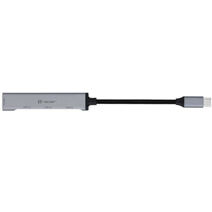 USB šakotuvas su USB-C jungtimi Tracer H40, 4 prievadų, sidabro ir juodos spalvos
