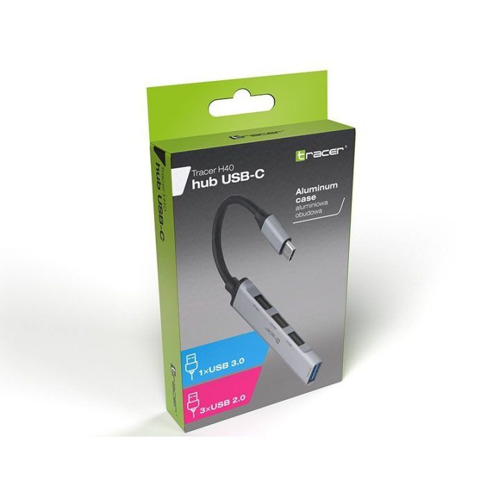 USB šakotuvas su USB-C jungtimi Tracer H40, 4 prievadų, sidabro ir juodos spalvos