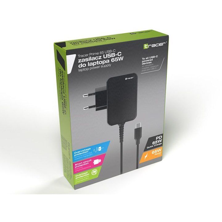 Nešiojamojo kompiuterio įkroviklis su USB-C jungtimi Tracer Prime, 65 W, 1,78 m