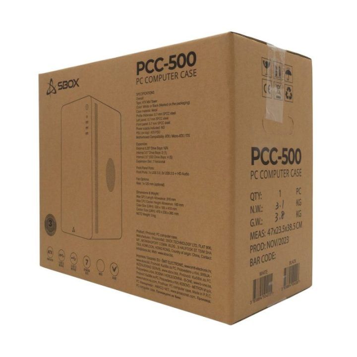 Kompiuterio korpusas ATX formato Sbox PCC-500, juodas