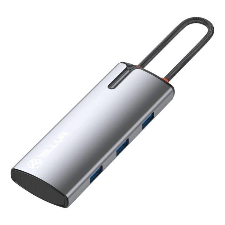 USB-C šakotuvas su HDMI ir 3 USB 3.0 prievadais Tellur, 100 W, pilkas