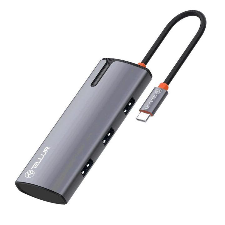 USB-C šakotuvas su HDMI ir 3 USB 3.0 prievadais Tellur, 100 W, pilkas