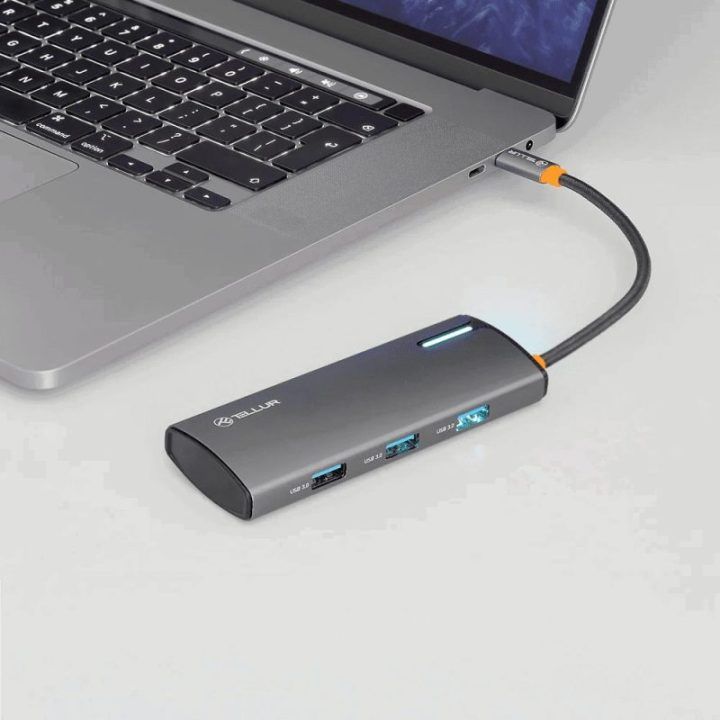 USB-C šakotuvas su HDMI ir 3 USB 3.0 prievadais Tellur, 100 W, pilkas