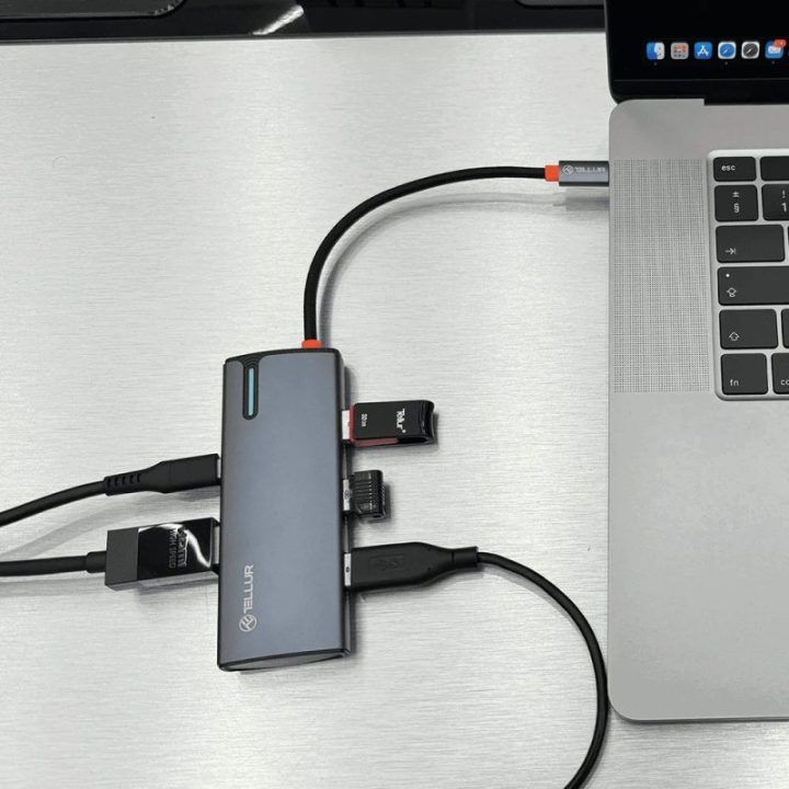 USB-C šakotuvas su HDMI ir 3 USB 3.0 prievadais Tellur, 100 W, pilkas