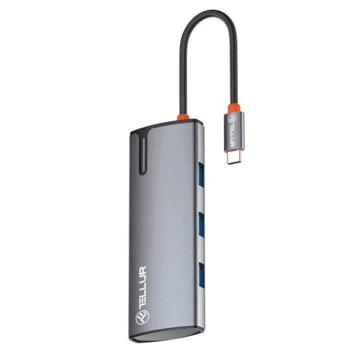 USB-C šakotuvas su HDMI ir 3 USB 3.0 prievadais Tellur, 100 W, pilkas