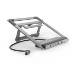 Nešiojamojo kompiuterio stovas su USB-C prijungimo stotele Hama Connect2Office, 12 jungčių, 100 W, pilkas