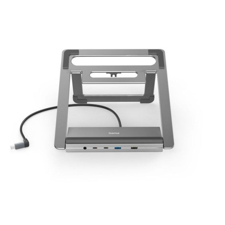 Nešiojamojo kompiuterio stovas su USB-C prijungimo stotele Hama Connect2Office, 12 jungčių, 100 W, pilkas