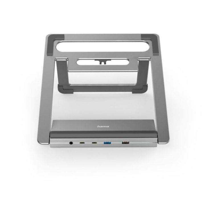 Nešiojamojo kompiuterio stovas su USB-C prijungimo stotele Hama Connect2Office, 12 jungčių, 100 W, pilkas