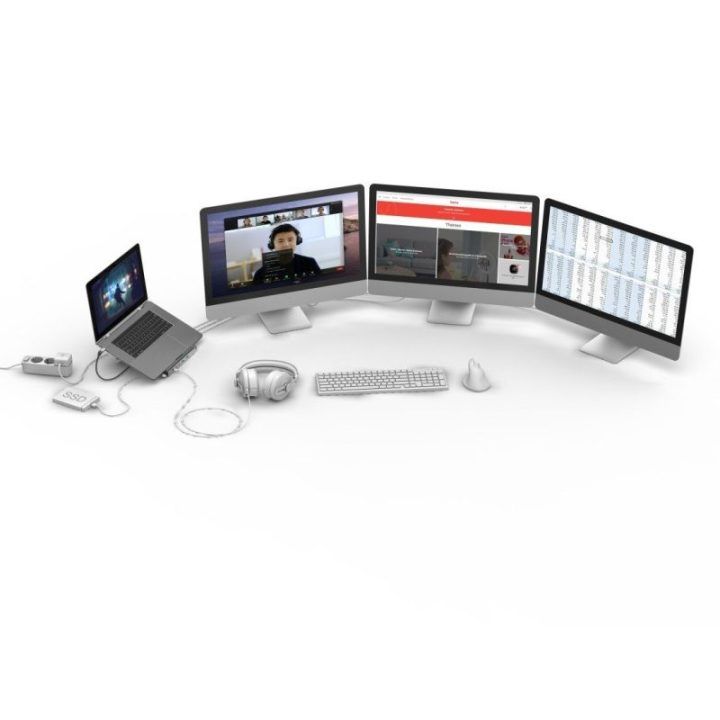 Nešiojamojo kompiuterio stovas su USB-C prijungimo stotele Hama Connect2Office, 12 jungčių, 100 W, pilkas