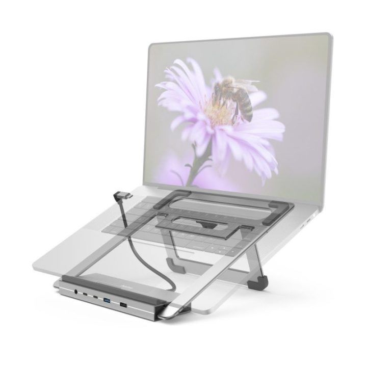 Nešiojamojo kompiuterio stovas su USB-C prijungimo stotele Hama Connect2Office, 12 jungčių, 100 W, pilkas