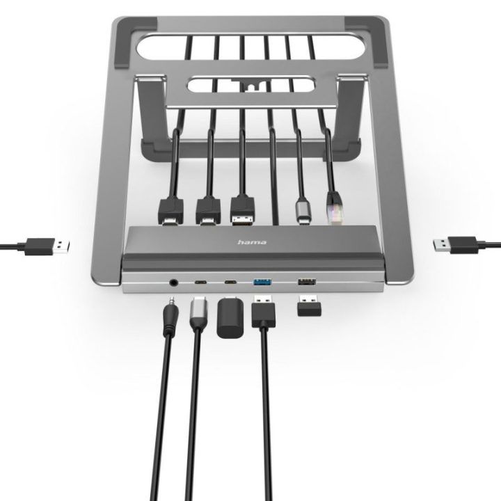 Nešiojamojo kompiuterio stovas su USB-C prijungimo stotele Hama Connect2Office, 12 jungčių, 100 W, pilkas