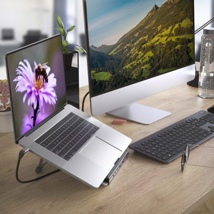 Nešiojamojo kompiuterio stovas su USB-C prijungimo stotele Hama Connect2Office, 12 jungčių, 100 W, pilkas