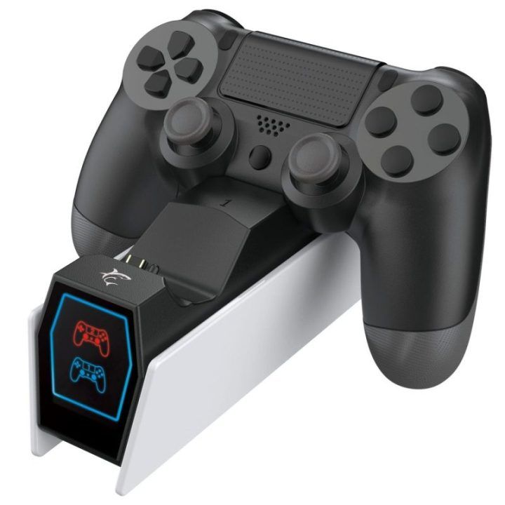 Dviguba žaidimų valdiklių įkrovimo stotelė PS4 valdikliams White Shark RINGSIDE, 0,8 m, balta su juoda
