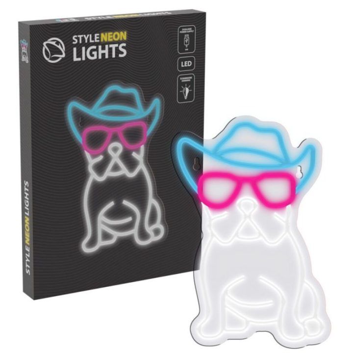 Neoninis LED šviestuvas su buldogu ir akiniais Manta