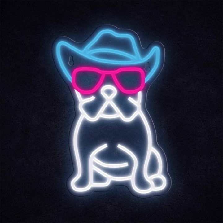 Neoninis LED šviestuvas su buldogu ir akiniais Manta
