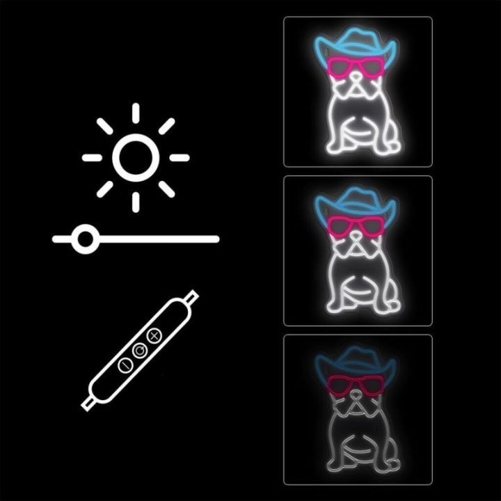 Neoninis LED šviestuvas su buldogu ir akiniais Manta