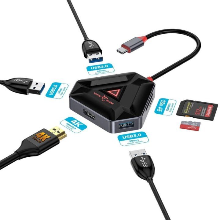 USB šakotuvas Type-C jungtimi White Shark HEXAGON, 6 viename, 0,1 m, juodos ir sidabrinės spalvos