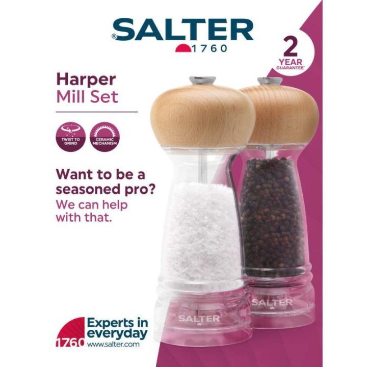 Druskos ir pipirų malūnėlių rinkinys Salter Harper, 17,8 × 6,7 × 6,7 cm, skaidrus