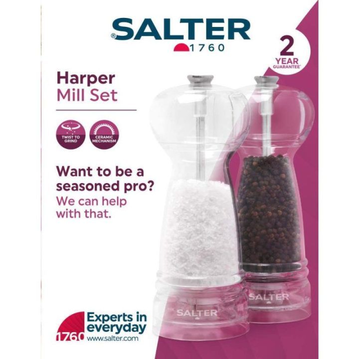 Druskos ir pipirų malūnėlių rinkinys Salter Harper BW12949EU7, 17,8 × 6,7 × 6,7 cm, skaidrus