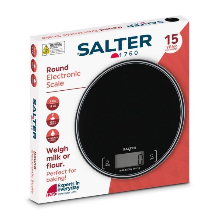 Apvalios elektroninės virtuvinės svarstyklės Salter, 5 kg, juodos