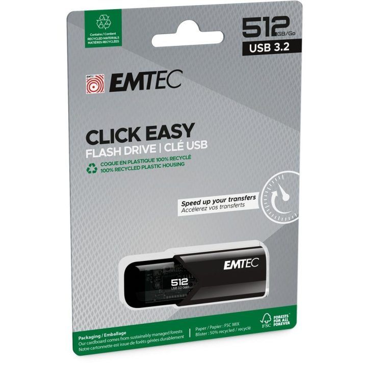 USB 3.2 atmintinė su spyruokliniu slankikliu Emtec Click Easy B110, 512 GB, juoda su spalvotais elementais