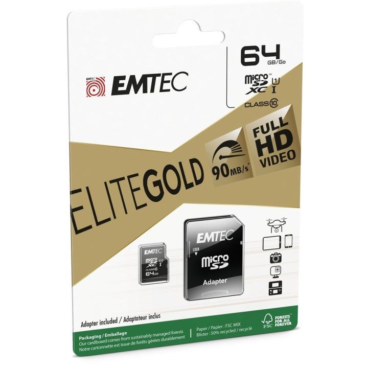 MicroSDXC atminties kortelė UHS-I U1 Emtec EliteGold, 64 GB