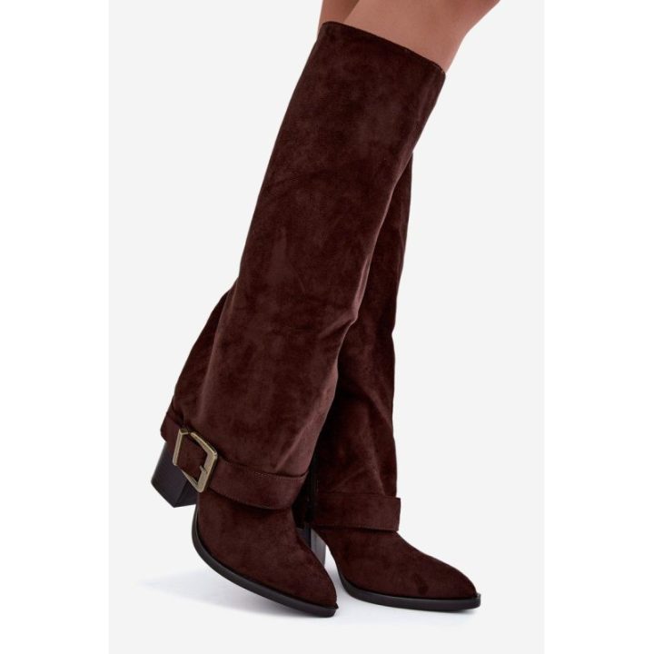 Moteriški kaubojiško stiliaus ilgaauliai iš zomšos imitacijos Mirea, šokolado rudos spalvos
