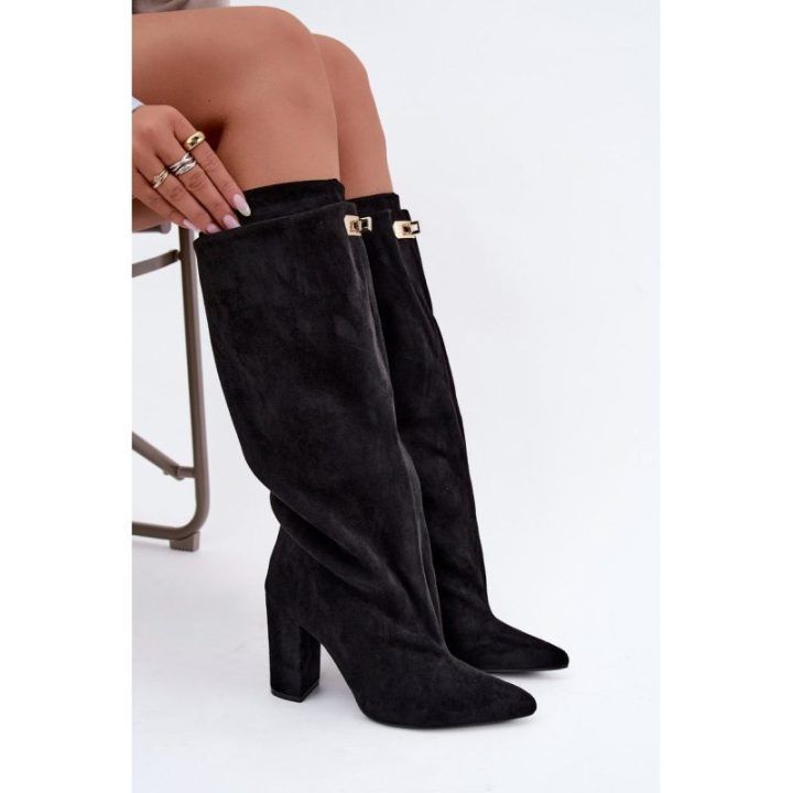 Moteriški pašiltinti zomšiniai ilgaauliai batai su dvisluoksniu aulu Luminelle, juodi