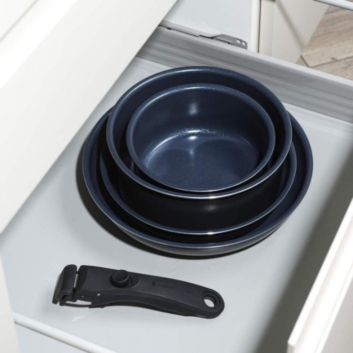 Keptuvių ir puodų rinkinys su nuimama rankena Russell Hobbs Smart Clip Marine, 5 vnt., tamsiai mėlynas