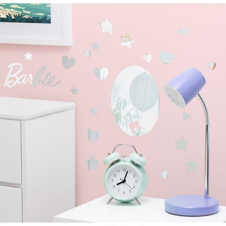 Akriliniai veidrodiniai sienų lipdukai su Barbie logotipu, širdelėmis ir žvaigždėmis Paladone, 50 vnt