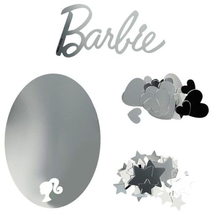 Akriliniai veidrodiniai sienų lipdukai su Barbie logotipu, širdelėmis ir žvaigždėmis Paladone, 50 vnt
