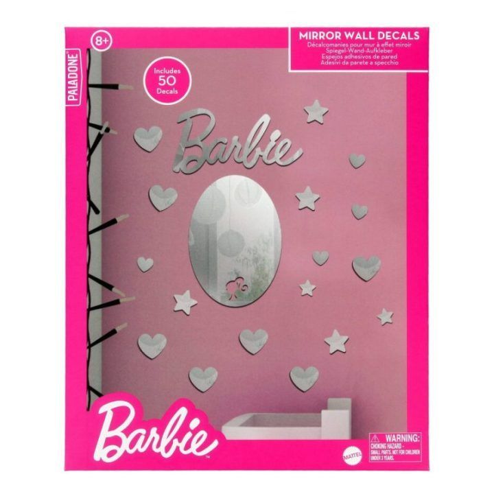 Akriliniai veidrodiniai sienų lipdukai su Barbie logotipu, širdelėmis ir žvaigždėmis Paladone, 50 vnt