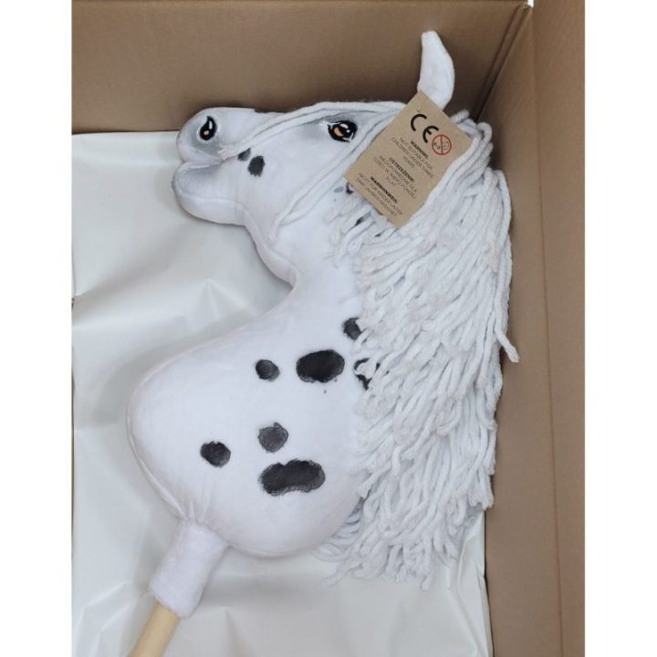 Hobby horse žirgas ant lazdos A3, baltas, taškuotas (leopardinis) - Super Hobby Horse Premium