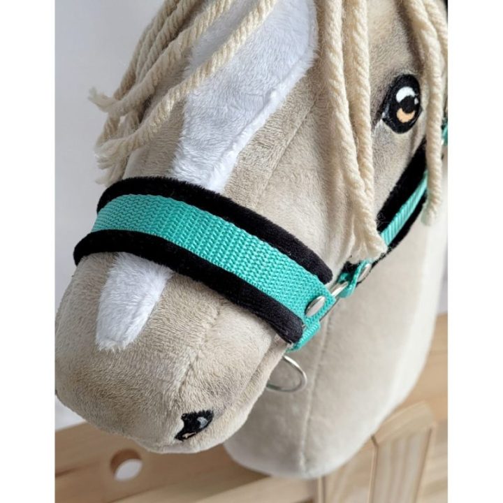 Hobby horse apynasris (kantaras) su pavadžiu, A3, juodas su juodu kailiuku, pavadys juodas ir mėtų spalvos - Super Hobby Horse
