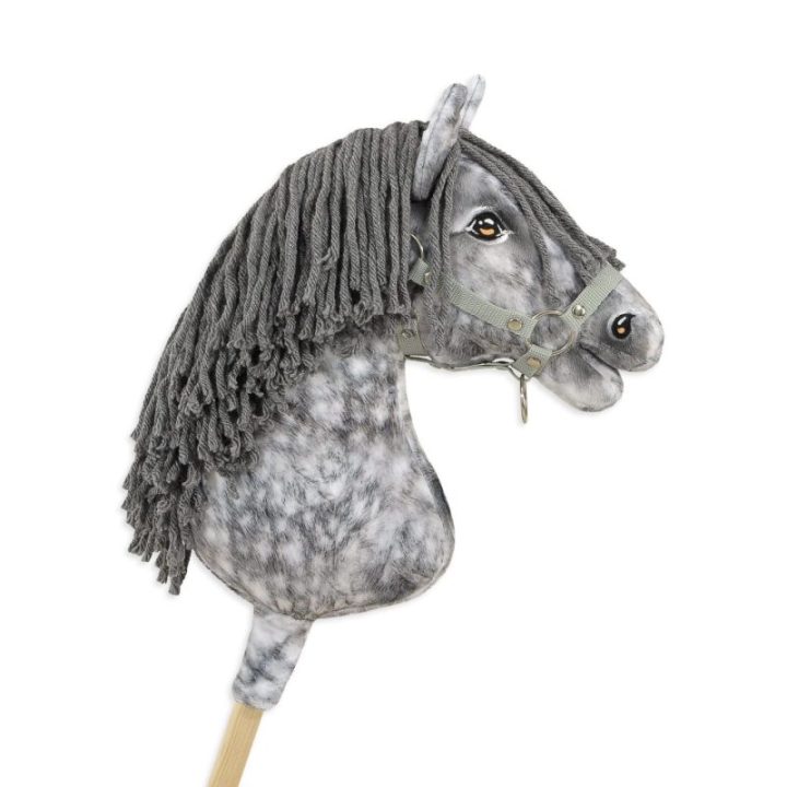 Hobby horse žirgas ant lazdos A3, obuoliuotas širmas (pilkas) su pilkais karčiais - Super Hobby Horse Premium