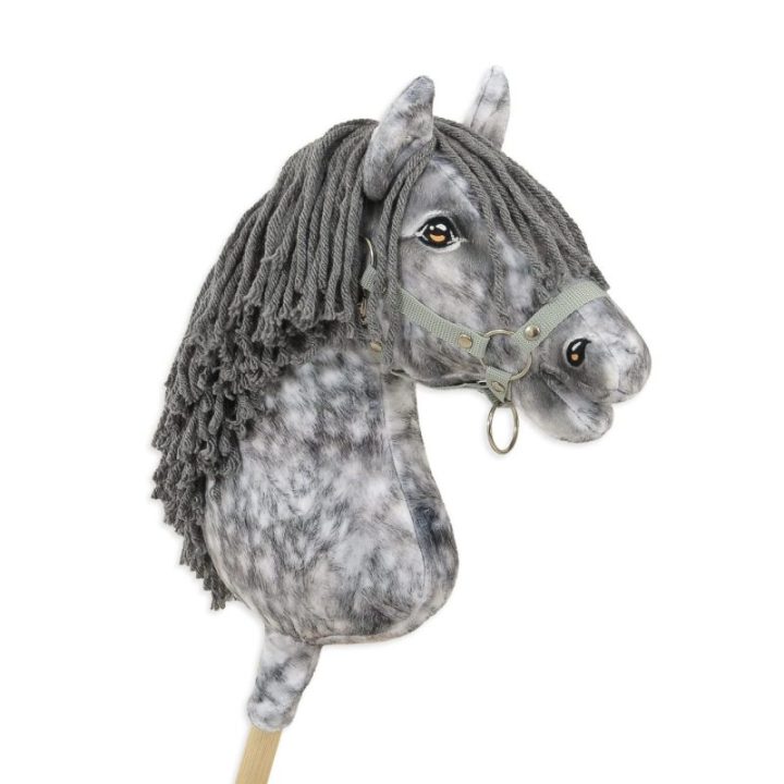 Hobby horse žirgas ant lazdos A3, obuoliuotas širmas (pilkas) su pilkais karčiais - Super Hobby Horse Premium