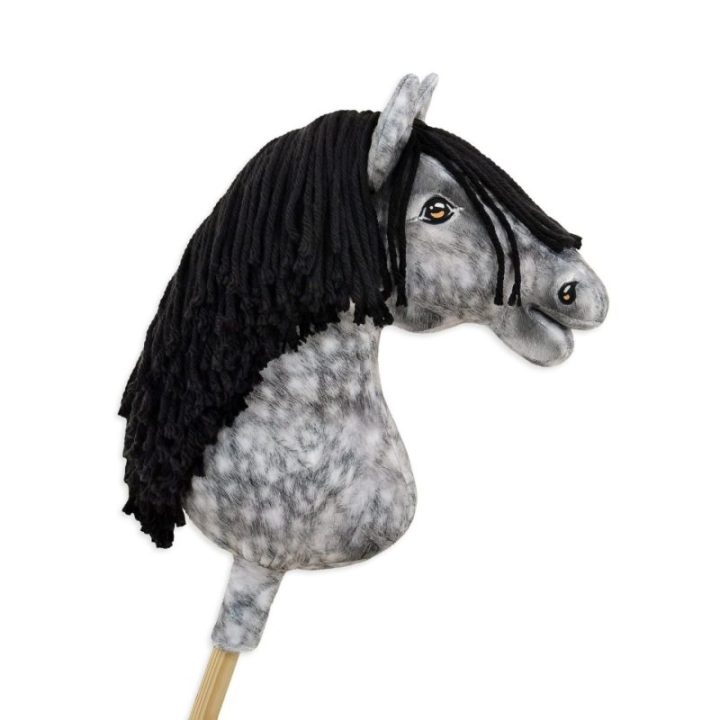 Hobby horse žirgas ant lazdos A3, obuoliuotas širmas (pilkas) su juodais karčiais - Super Hobby Horse Premium