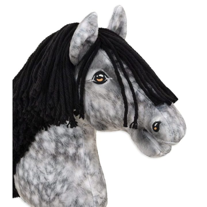 Hobby horse žirgas ant lazdos A3, obuoliuotas širmas (pilkas) su juodais karčiais - Super Hobby Horse Premium
