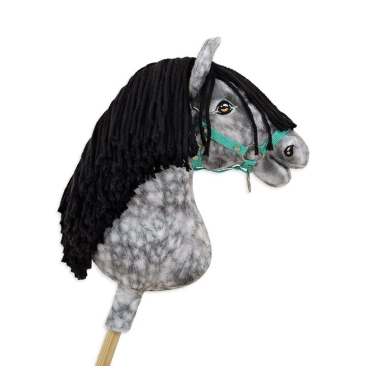 Hobby horse žirgas ant lazdos A3, obuoliuotas širmas (pilkas) su juodais karčiais - Super Hobby Horse Premium