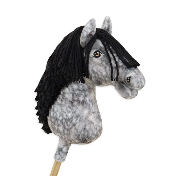 Hobby horse žirgas ant lazdos A3, obuoliuotas širmas (pilkas) su juodais karčiais - Super Hobby Horse Premium