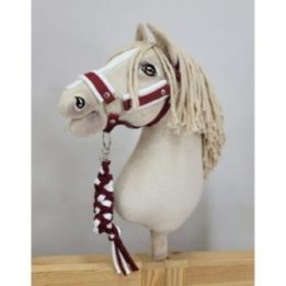 Hobby horse priedų komplektas: baltas A3 apynasris su baltu kailiuku ir baltas bei bordo pavadys - Super Hobby Horse