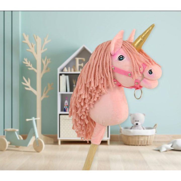 Hobby horse vienaragis ant lazdos A4, rožinis, auksiniu ragu - Super Hobby Horse Premium