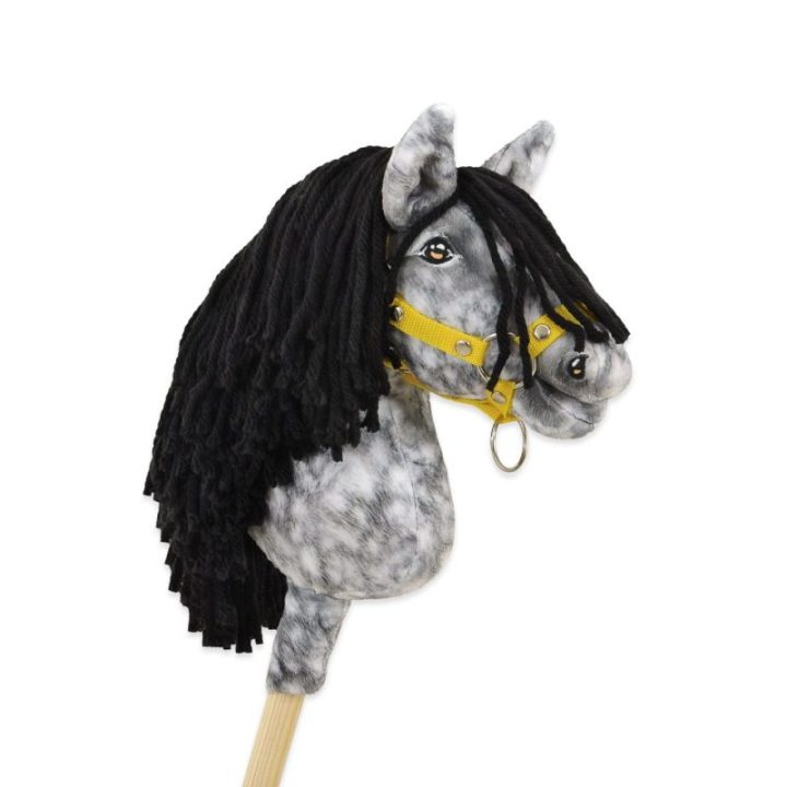 Hobby horse žirgas ant lazdos A4, obuoliuotas širmas (pilkas), juodi karčiai - Super Hobby Horse Premium