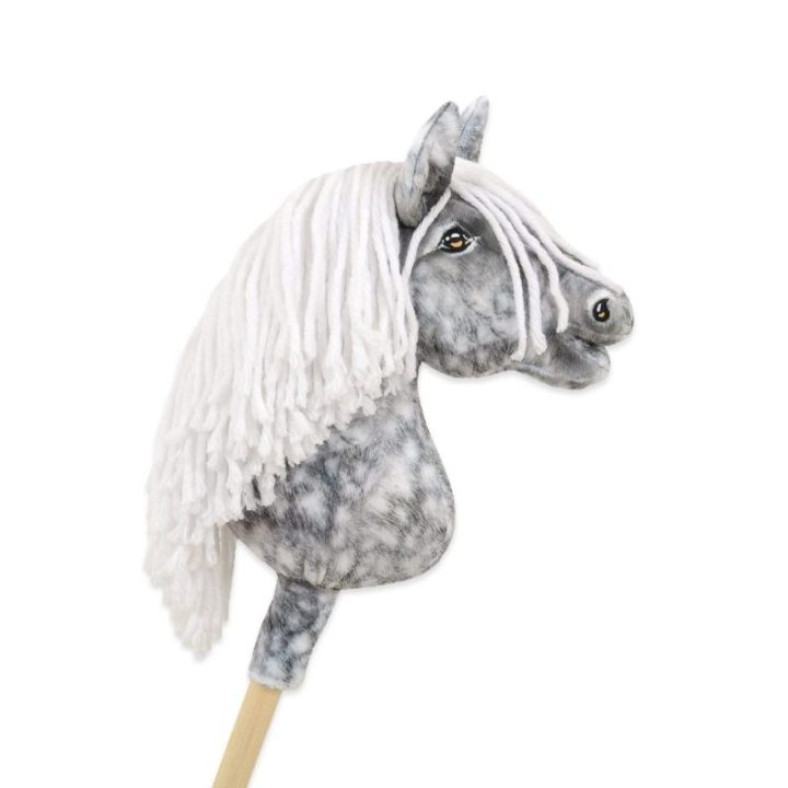 Hobby horse žirgas ant lazdos A4, obuoliuotas širmas, balti karčiai - Super Hobby Horse Premium