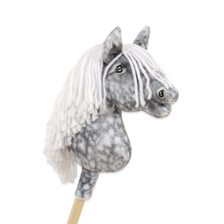 Hobby horse žirgas ant lazdos A4, obuoliuotas širmas, balti karčiai - Super Hobby Horse Premium
