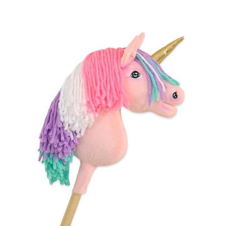 Hobby horse vienaragis ant lazdos A4, rožinis su spalvotais karčiais, su aukso spalvos ragu - Super Hobby Horse Premium