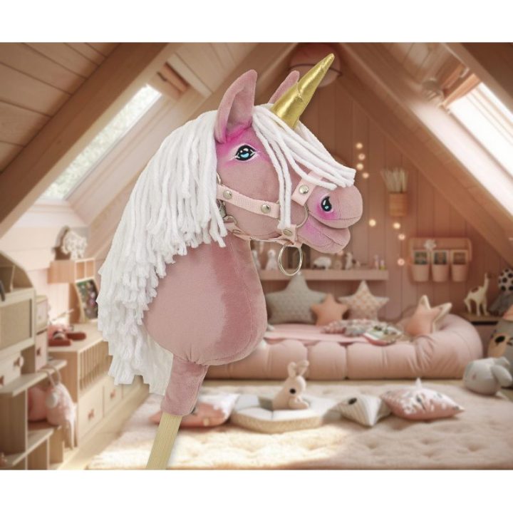 Hobby horse vienaragis ant lazdos A4, rožinis, su baltais karčiais ir auksiniu ragu - Super Hobby Horse Premium