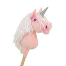 Hobby horse vienaragis ant lazdos A4, rožinis, balti karčiai, sidabrinis ragas - Super Hobby Horse Premium