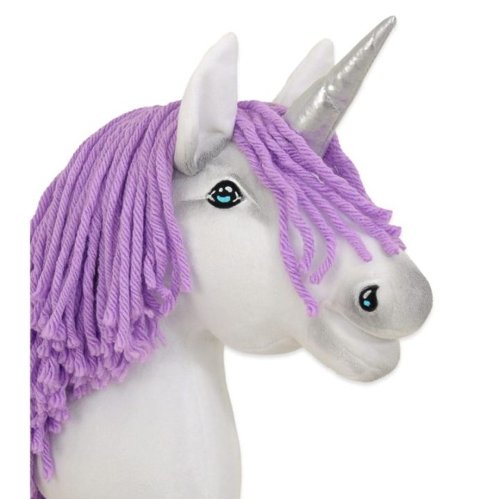 Hobby horse vienaragis ant lazdos A4, baltas su alyviniais karčiais ir sidabriniu ragu - Super Hobby Horse