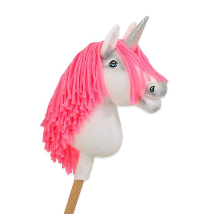 Hobby horse vienaragis ant lazdos A4, baltas su neoniniais rožiniais karčiais ir sidabriniu ragu - Super Hobby Horse